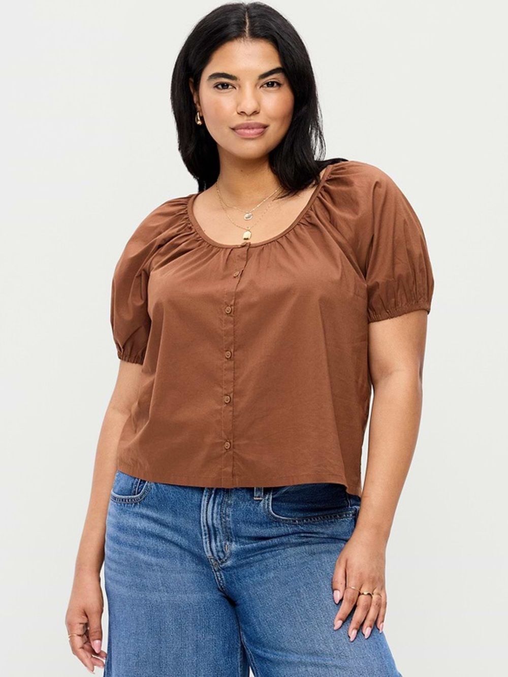 Old Navy 100% Cotton Puff Sleeve Brown Button Front Blouse size XXL